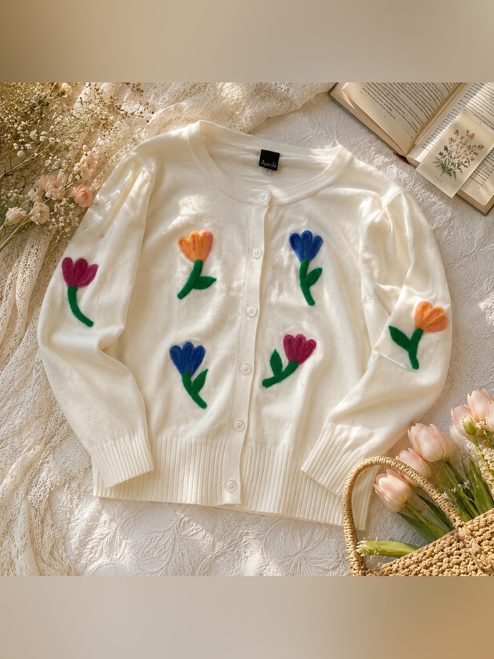 Aaeda Floral Cardigan Sweater Size M White Felt Flower Button Front Cottagecore